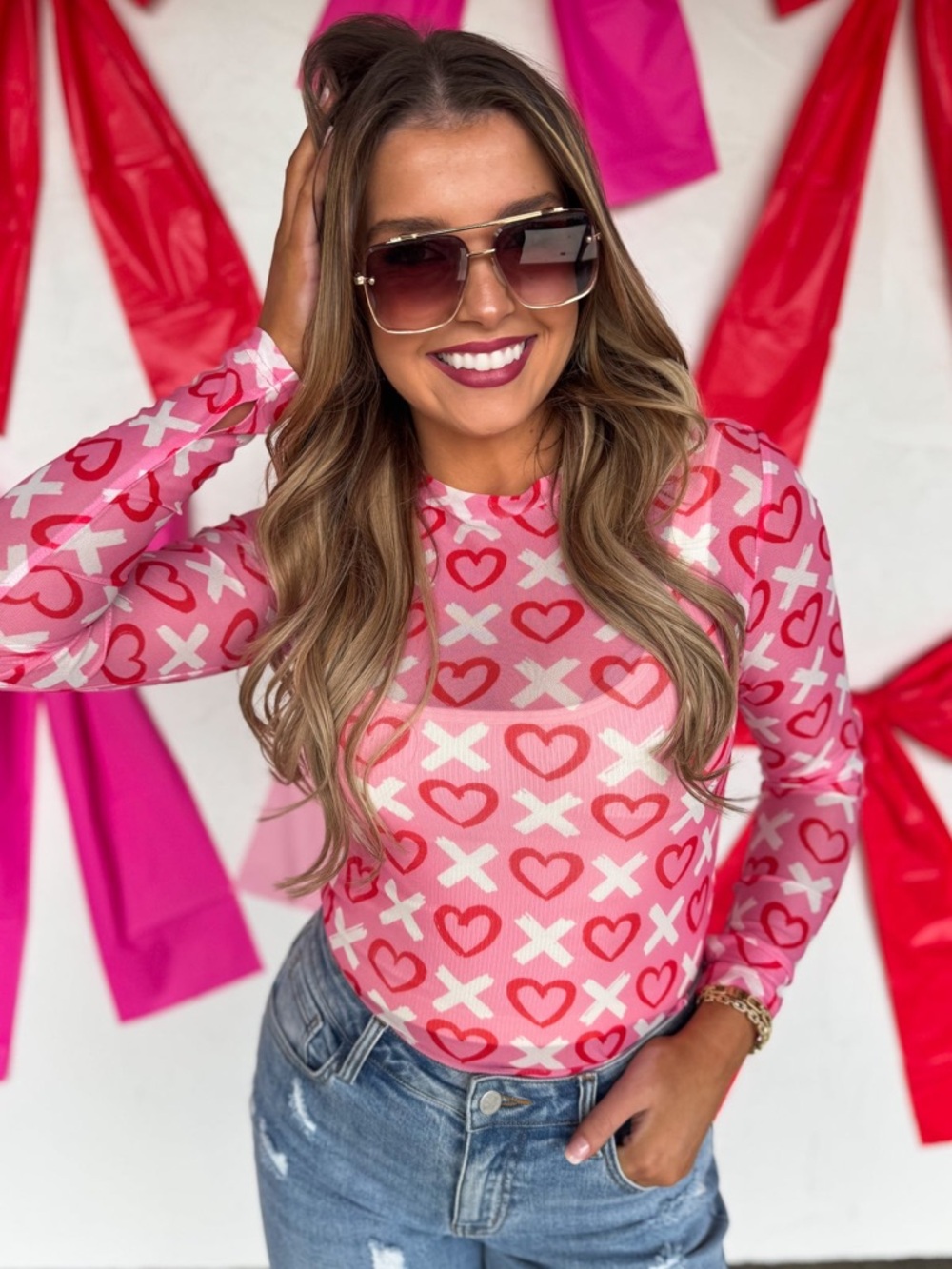 Women's Pink Heart & XO Long Sleeve Top